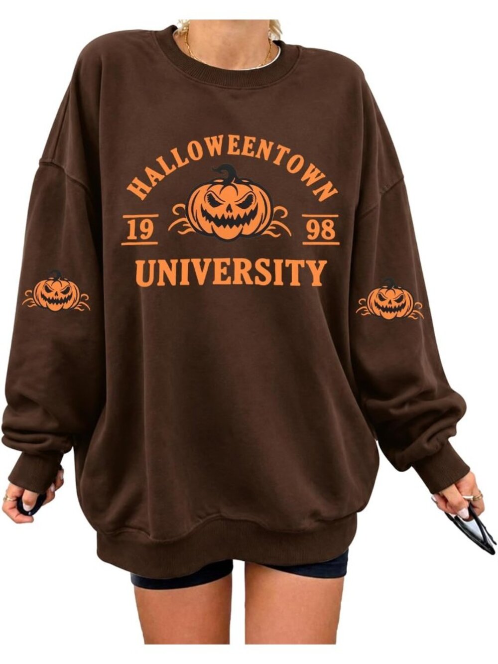 🆕 Women's Brown Halloweentown University Pumpkin Graphic Crewneck Sweatshirt